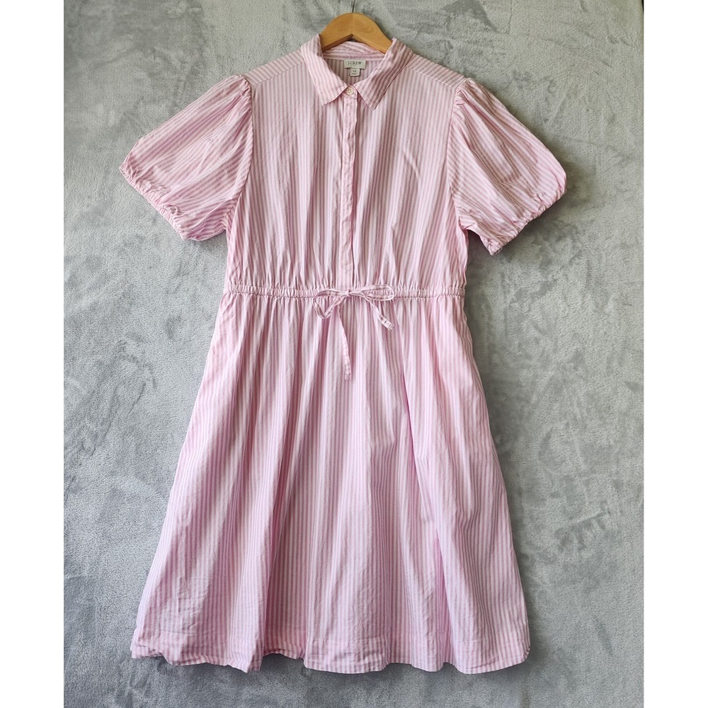 J.Crew Dress Womens Size 12 Pink White Striped Tie Belt Pockets Bubble Sleeve